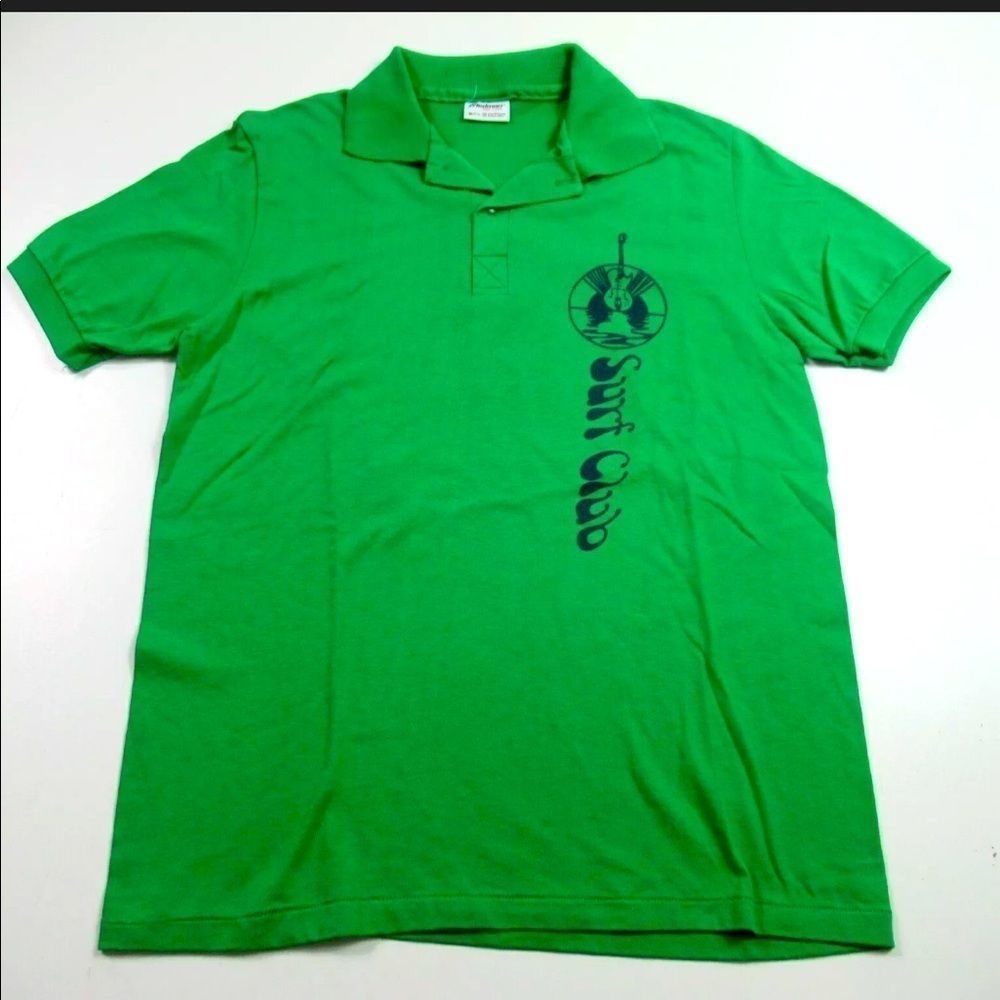 • Cool UNIQUE •VINTAGE • 80s  • Surf Club • Polo Shirt Guitar beach surf green •